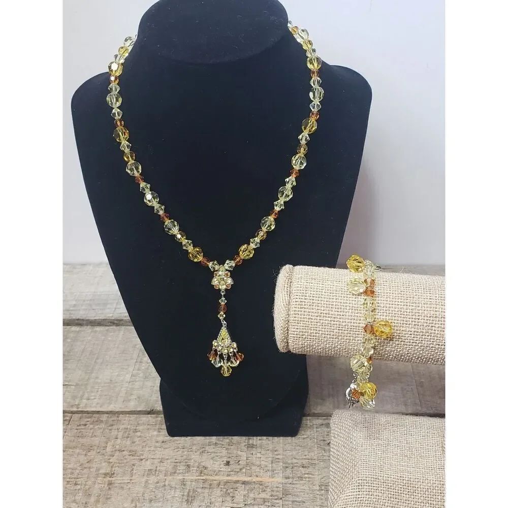 SWAROVSKI Yellow Faceted Crystal Beads Jewelry Set Necklace & Bracelet